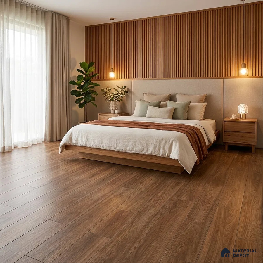 Scandinavian bedroom with oak wood flooring and vertical wood slat wall panels