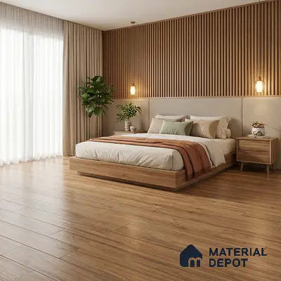Scandinavian bedroom with oak wood flooring and vertical wood slat accent wall