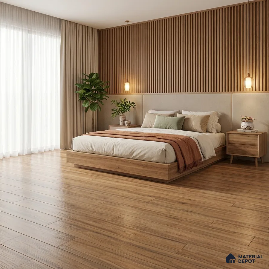 Scandinavian bedroom with oak wood flooring and vertical wood slat accent wall