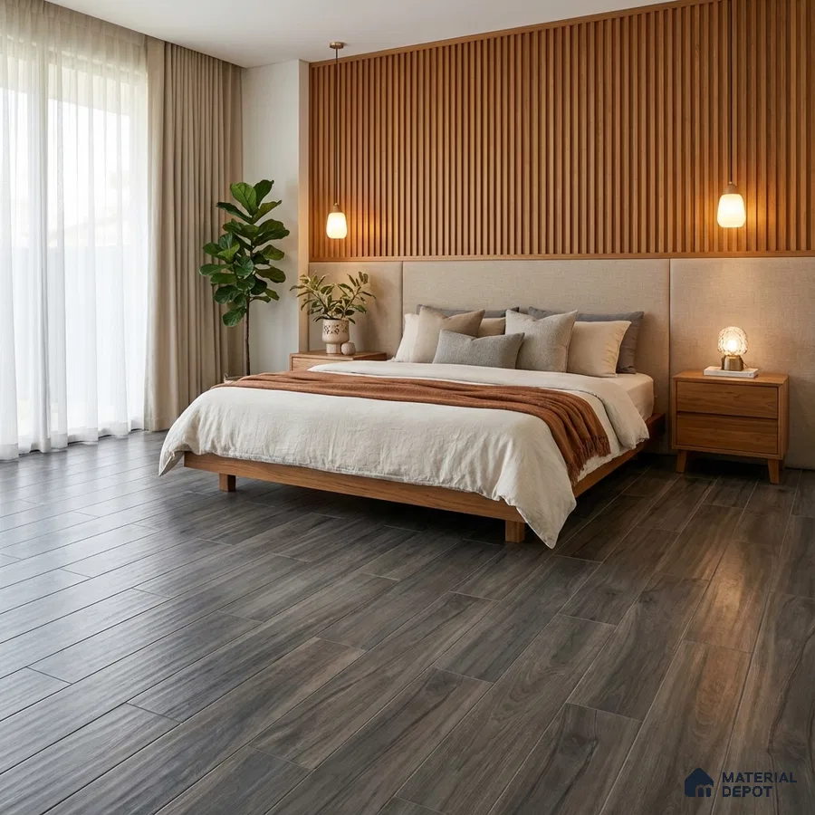 Scandinavian bedroom with oak wood slat wall panels and grey wood-look floor tiles