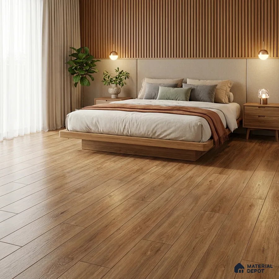 Scandinavian bedroom with oak wood flooring and vertical wood slat wall panels