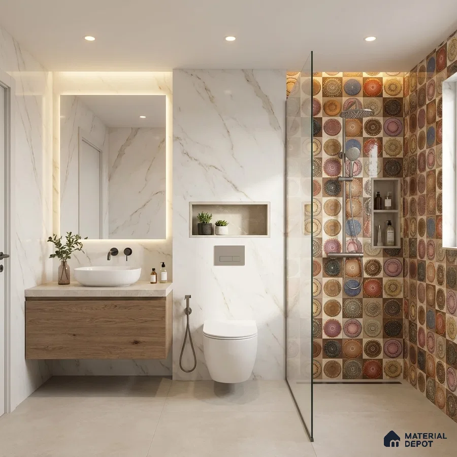 Modern bathroom with marble-look wall tiles, patterned circle highlighter shower tiles, and wood vanity