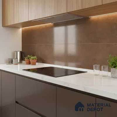 Modern kitchen with brown marble backsplash tile, white marble-look quartz countertop, and wood grain laminate cabinets