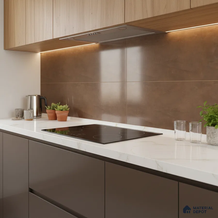 Modern kitchen with brown marble backsplash tile, white marble-look quartz countertop, and wood grain laminate cabinets