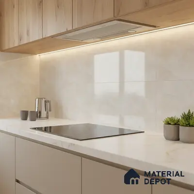 Modern kitchen with light oak laminate cabinets, beige marble-look backsplash tile, and white marble countertop