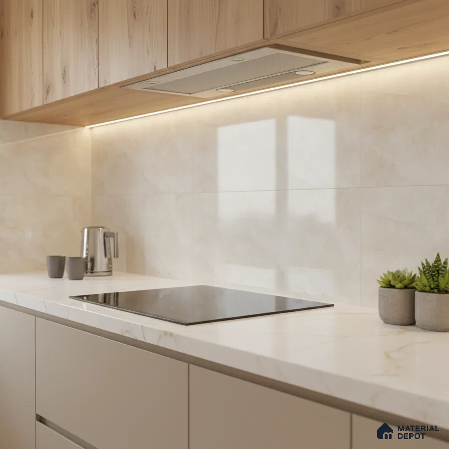 Modern kitchen with light oak laminate cabinets, beige marble-look backsplash tile, and white marble countertop