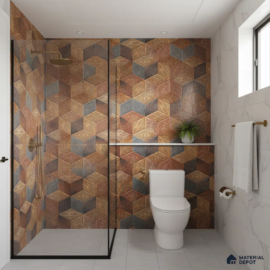 Modern bathroom with geometric patterned highlighter wall tiles and marble look wall tiles
