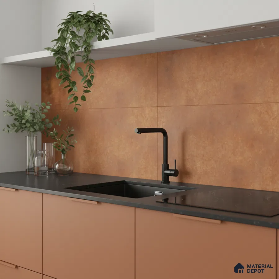 Modern kitchen with terracotta laminate cabinets, rust stone-look backsplash tile, and matte black quartz countertop