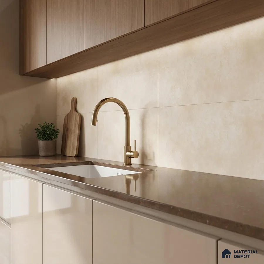 Modern kitchen with beige gloss laminate, brown quartz countertop, and light beige wall tiles