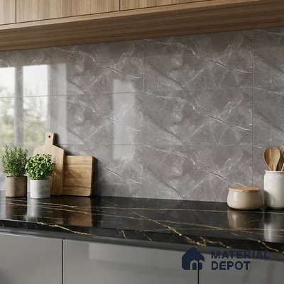 Modern kitchen with grey marble wall tiles, black marble countertop, and walnut wood laminate cabinets