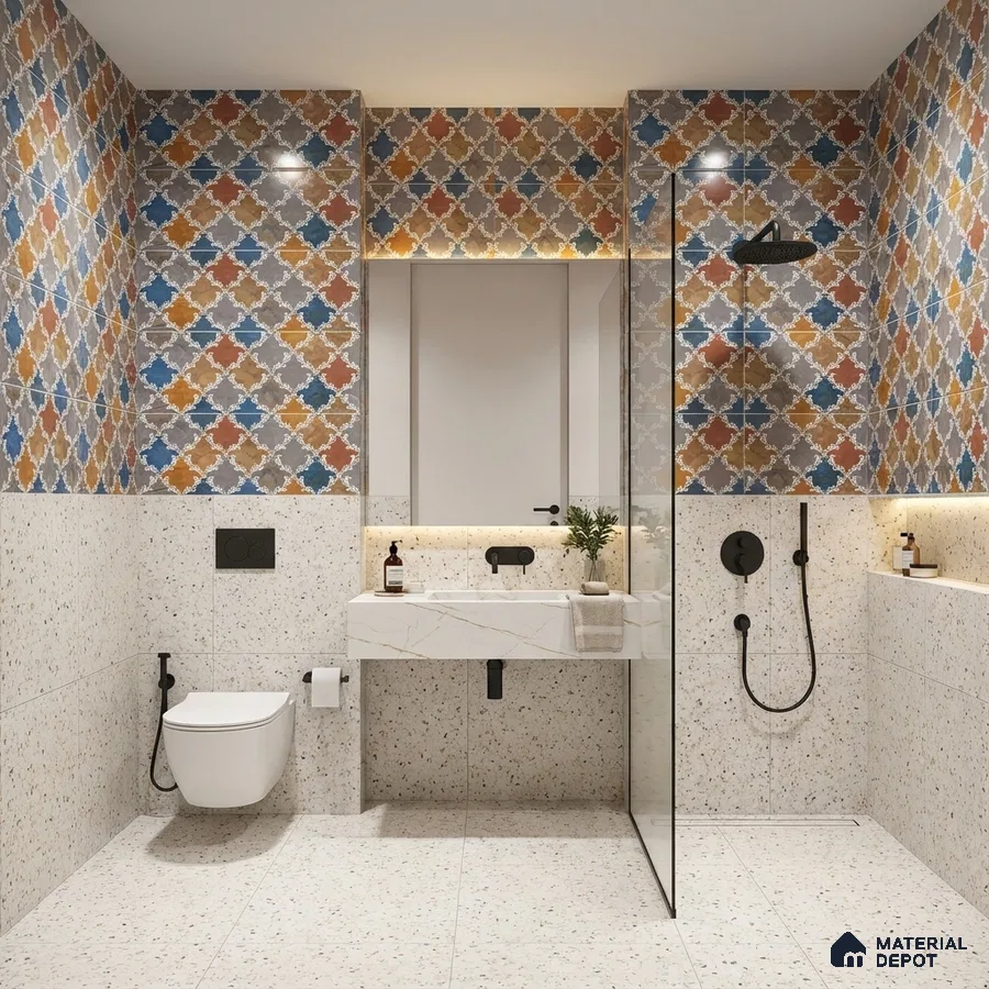 Eclectic kitchen with multicolor damask patterned backsplash tile and black marble countertop
