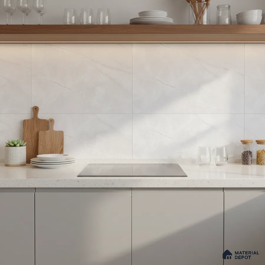 Modern kitchen with white marble-look backsplash tile, white quartz countertop, and taupe laminate cabinets