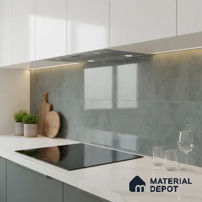Modern kitchen with white marble-look quartz countertop, sage green base laminate, and grey stone backsplash tile