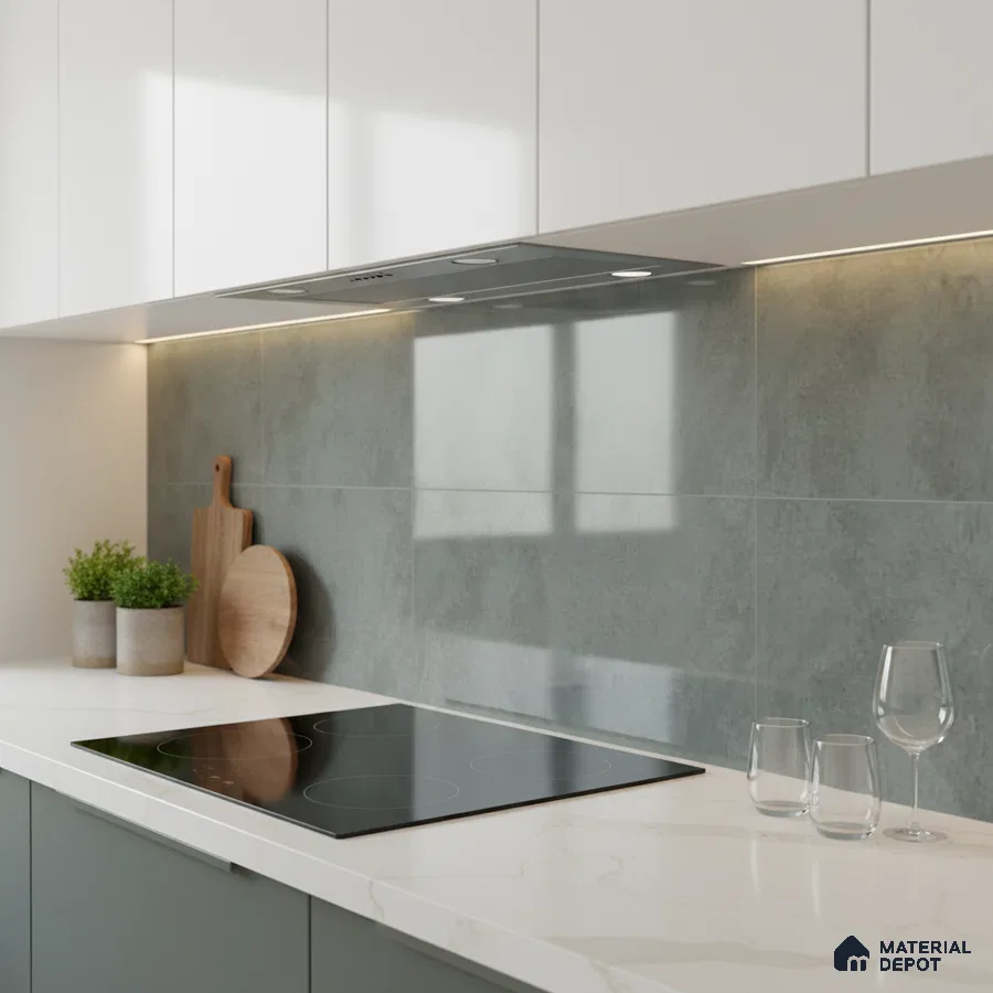 Modern kitchen with white marble-look quartz countertop, sage green base laminate, and grey stone backsplash tile