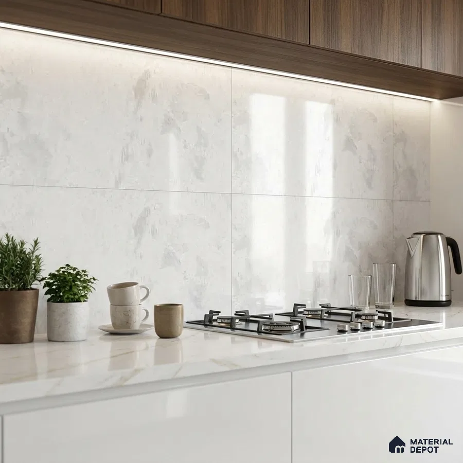 Modern kitchen with walnut wood laminate cabinets, white marble-look quartz countertop, and glossy white backsplash tiles