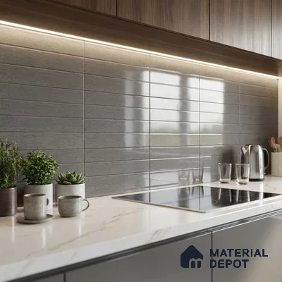 Modern kitchen with grey horizontal subway backsplash tile, marble-look quartz countertop, and wood grain laminate cabinets