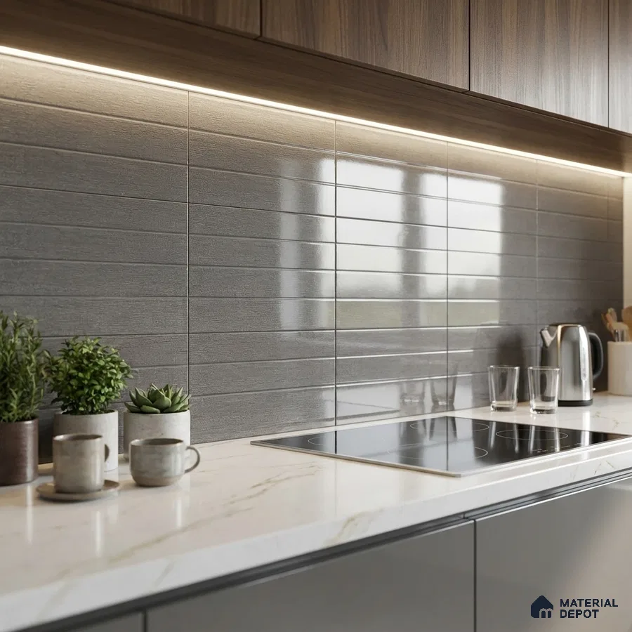 Modern kitchen with grey horizontal subway backsplash tile, marble-look quartz countertop, and wood grain laminate cabinets