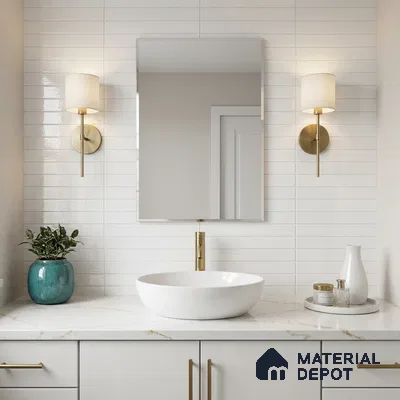 Modern bathroom with white subway wall tiles and marble-look quartz countertop