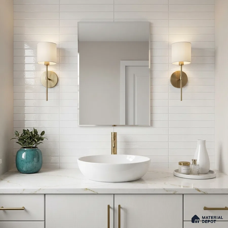 Modern bathroom with white subway wall tiles and marble-look quartz countertop