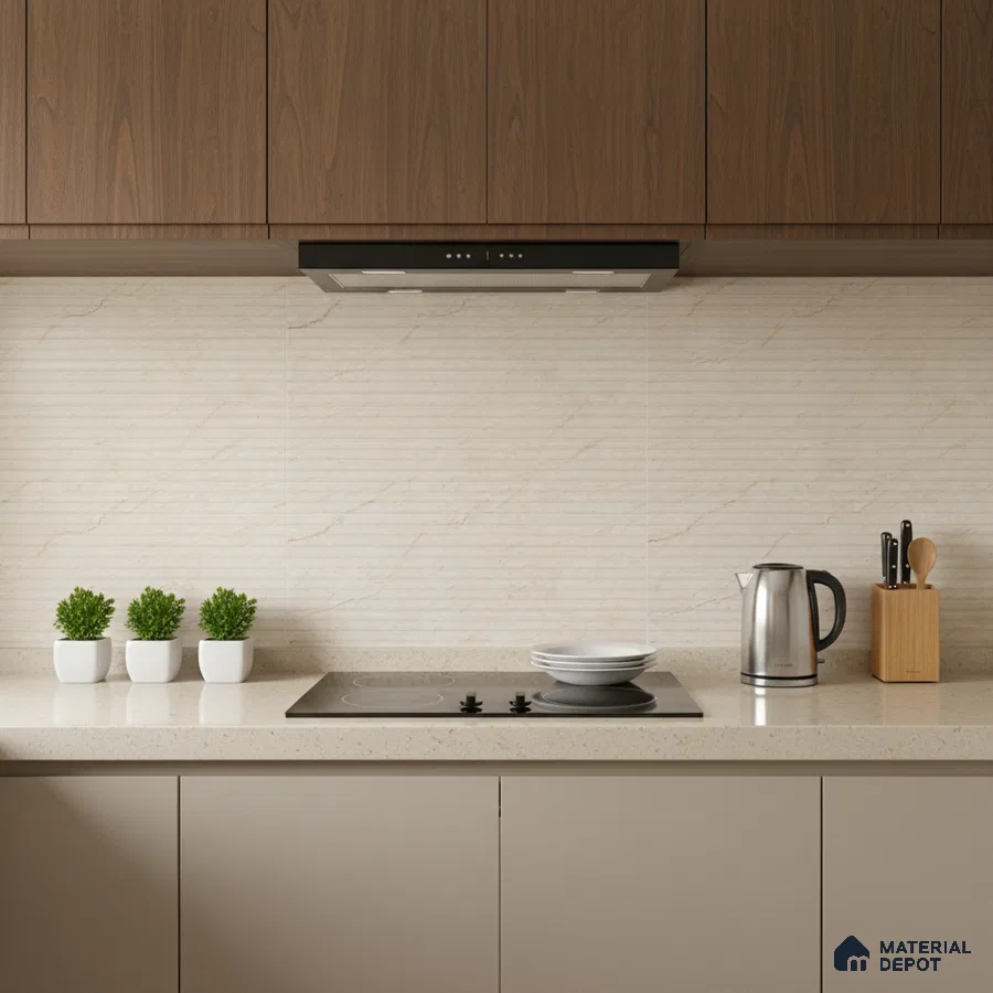 Modern kitchen with walnut wood laminate cabinets, beige quartz countertop, and cream marble-look backsplash tile