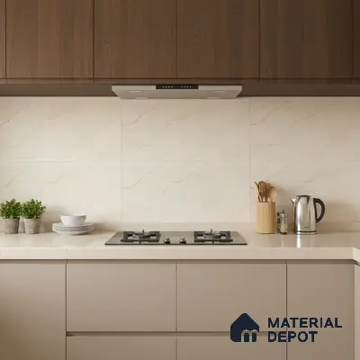 Modern kitchen with walnut brown laminate, beige marble-look backsplash tile, and cream quartz countertop
