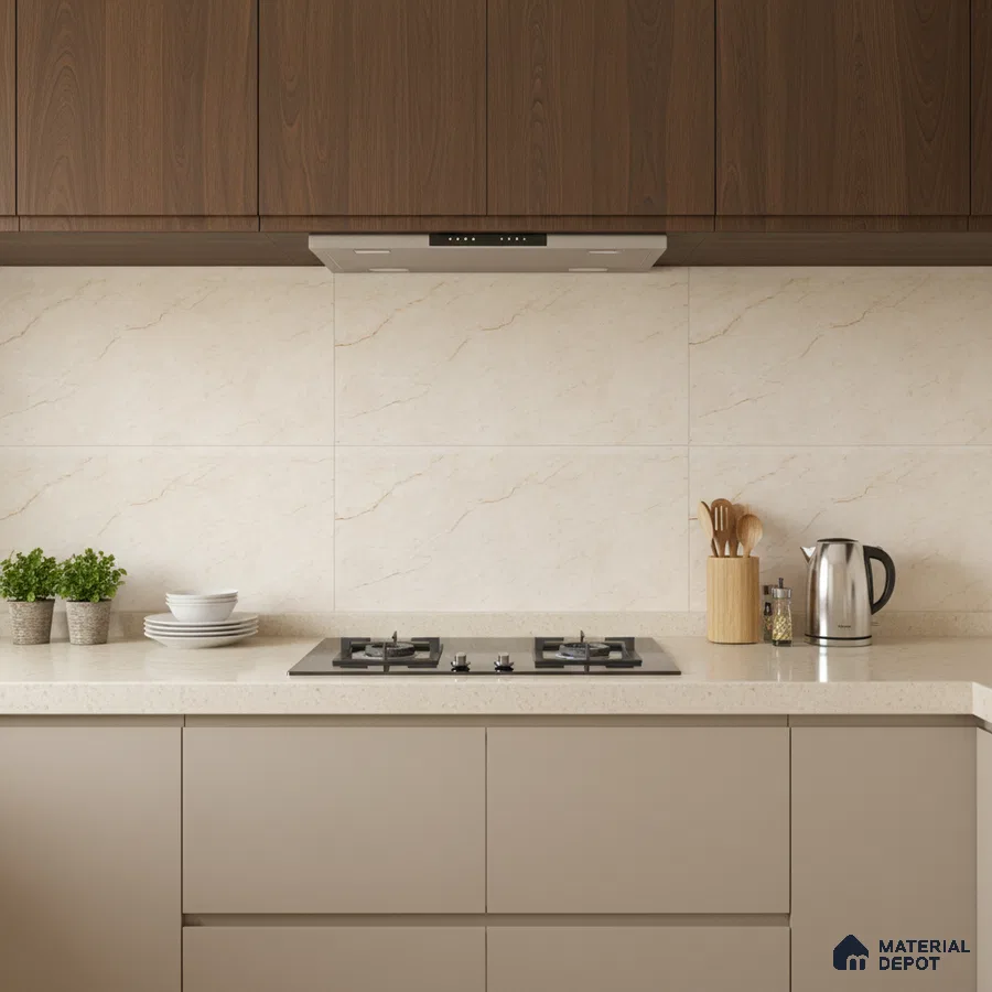 Modern kitchen with walnut brown laminate, beige marble-look backsplash tile, and cream quartz countertop