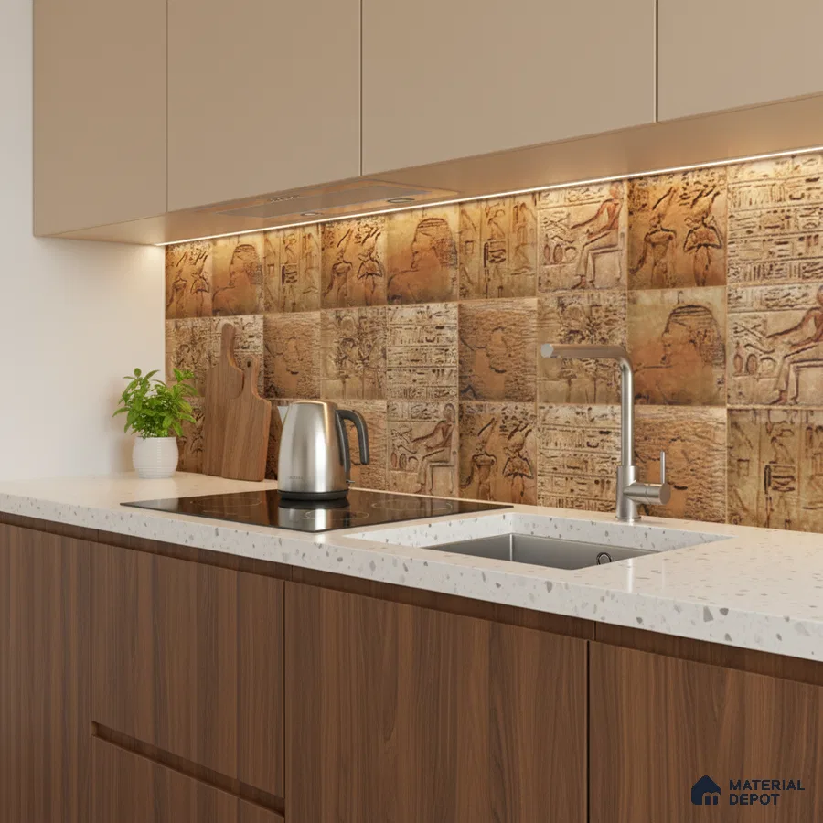 Modern kitchen with walnut laminate, beige upper cabinets, and Egyptian motif patterned backsplash tiles