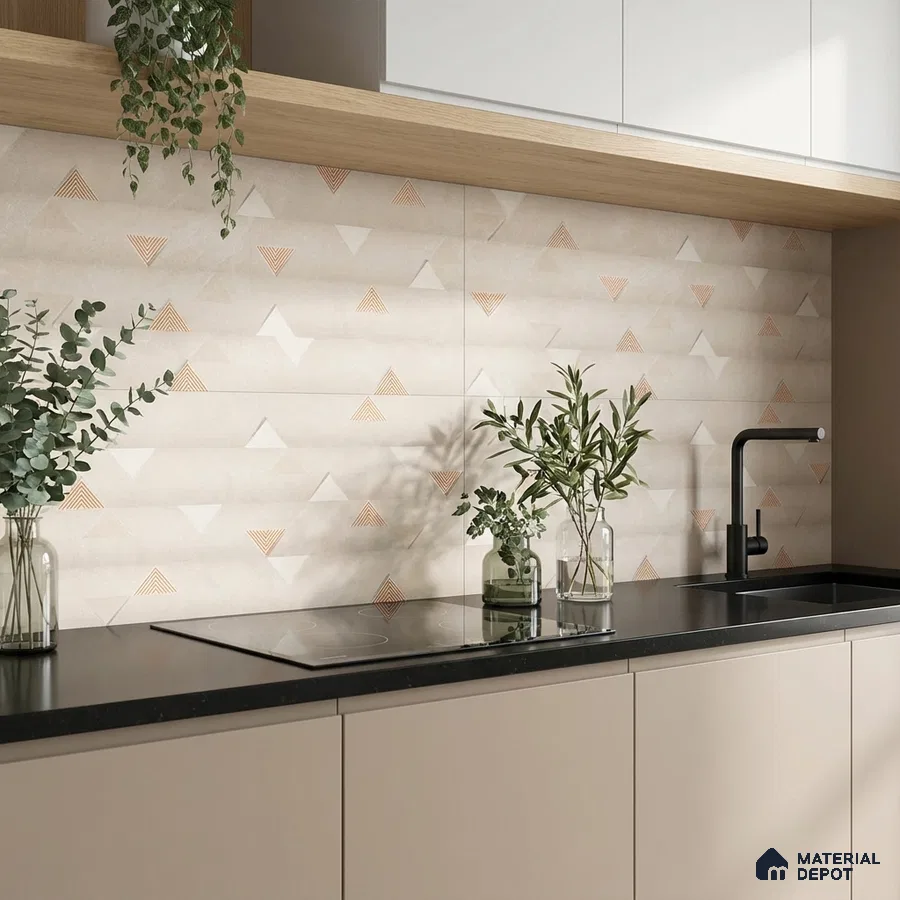 Scandinavian kitchen with beige geometric backsplash tile, matte black countertop, and taupe laminate cabinets