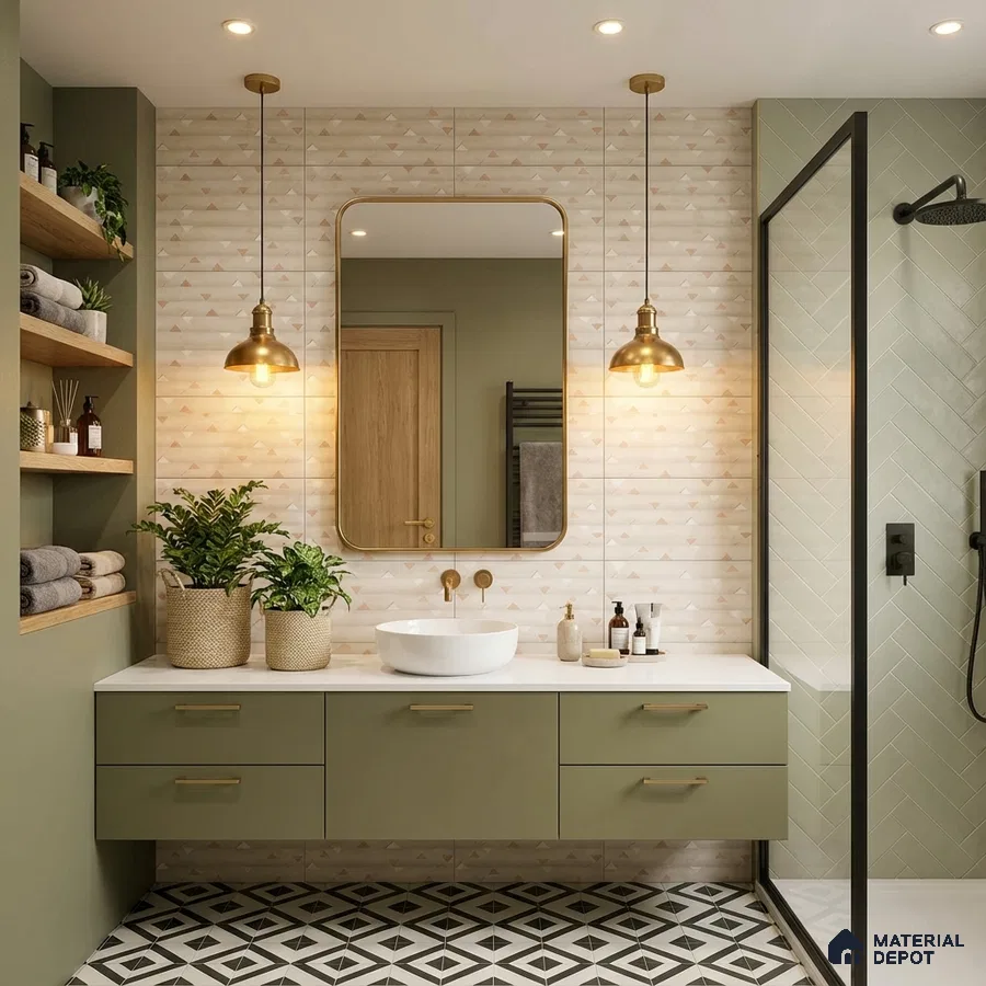 Modern bathroom with sage green laminate vanity, geometric patterned floor tiles, and chevron wall tiles