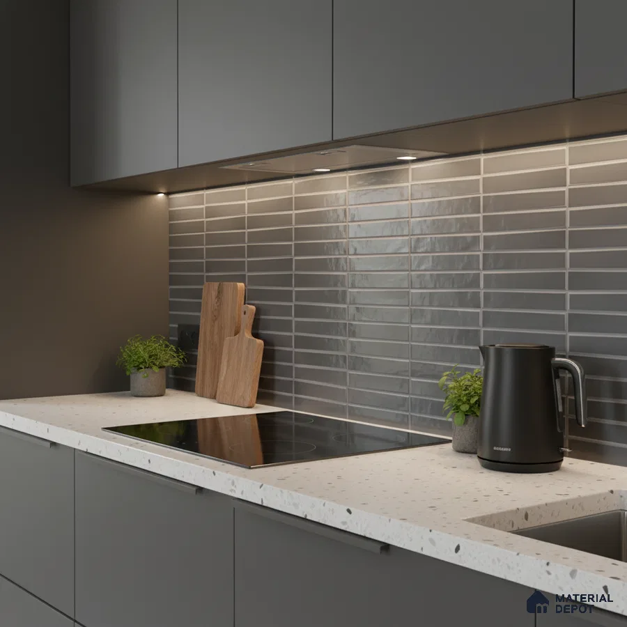 Minimalist kitchen with matte grey laminate cabinets, terrazzo countertop, and glossy grey subway backsplash tiles