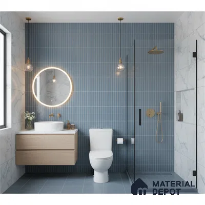 Modern bathroom with blue kitkat wall tiles, marble-look wall tiles, and floating wood vanity