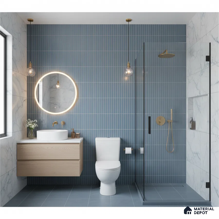 Modern bathroom with blue kitkat wall tiles, marble-look wall tiles, and floating wood vanity
