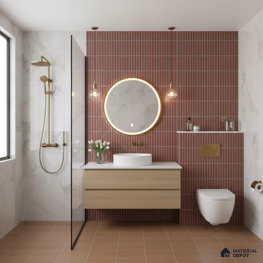 Modern bathroom with terracotta kitkat wall tiles, marble wall tiles, and wood vanity