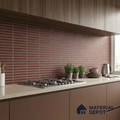 Modern kitchen with terracotta kitkat subway backsplash tile, taupe laminate cabinets, and wood grain upper cabinets