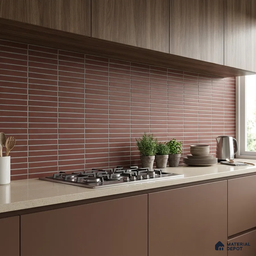 Modern kitchen with terracotta kitkat subway backsplash tile, taupe laminate cabinets, and wood grain upper cabinets