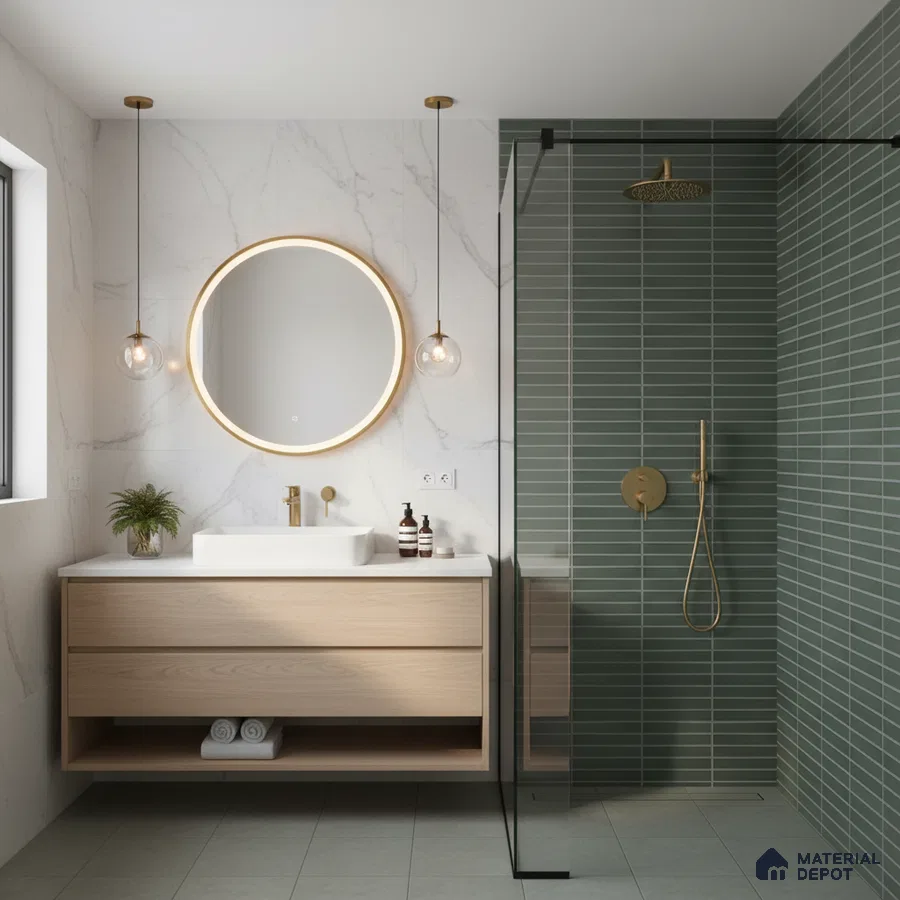 Scandinavian bathroom with sage green kitkat wall tiles, white marble wall tile, and light oak vanity