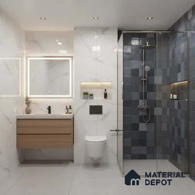 Modern bathroom with white marble wall tiles, blue geometric shower tiles, and light wood floating vanity