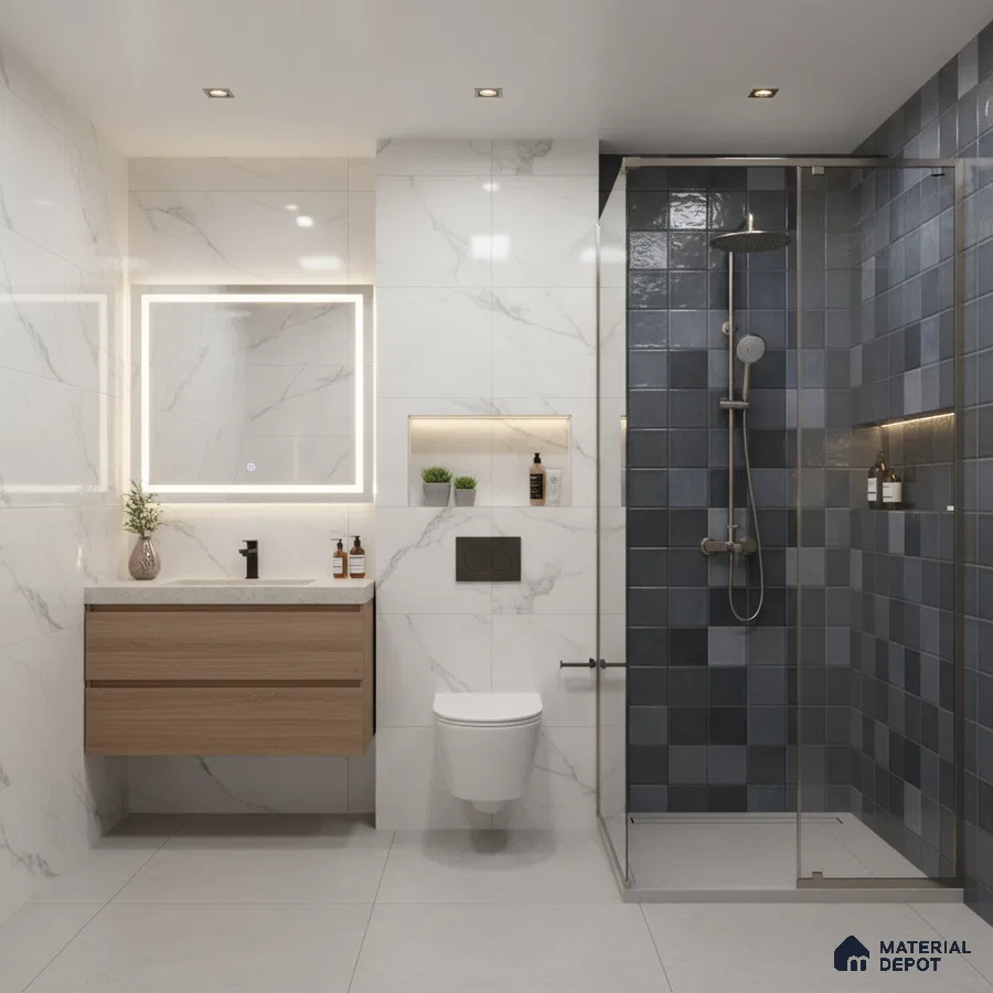 Modern bathroom with white marble wall tiles, blue geometric shower tiles, and light wood floating vanity