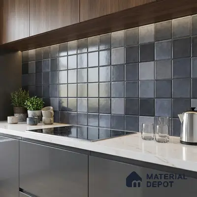 Modern kitchen with glossy blue square backsplash tiles, walnut laminate cabinets, and white marble countertop