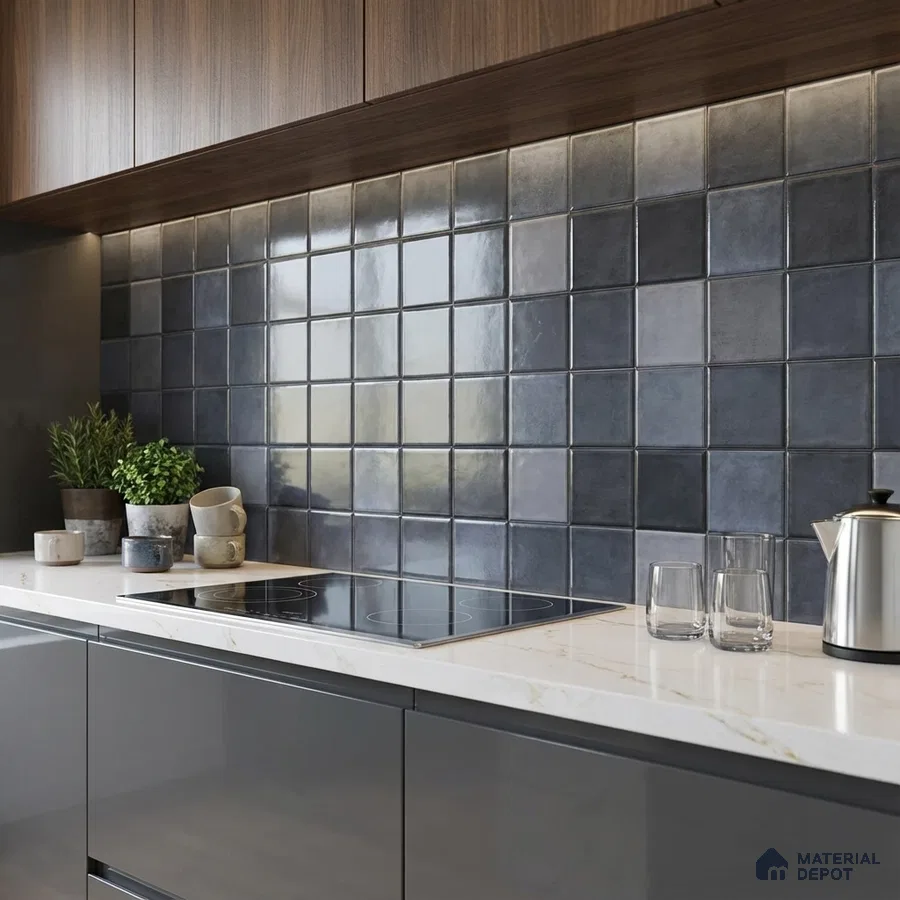 Modern kitchen with glossy blue square backsplash tiles, walnut laminate cabinets, and white marble countertop