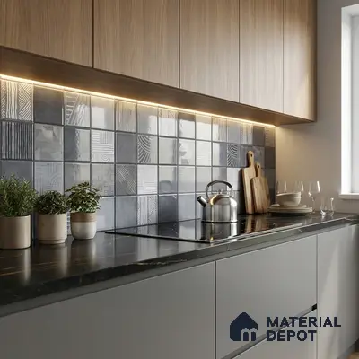 Modern kitchen with grey patterned backsplash tiles, black marble countertop, and light oak laminate cabinets