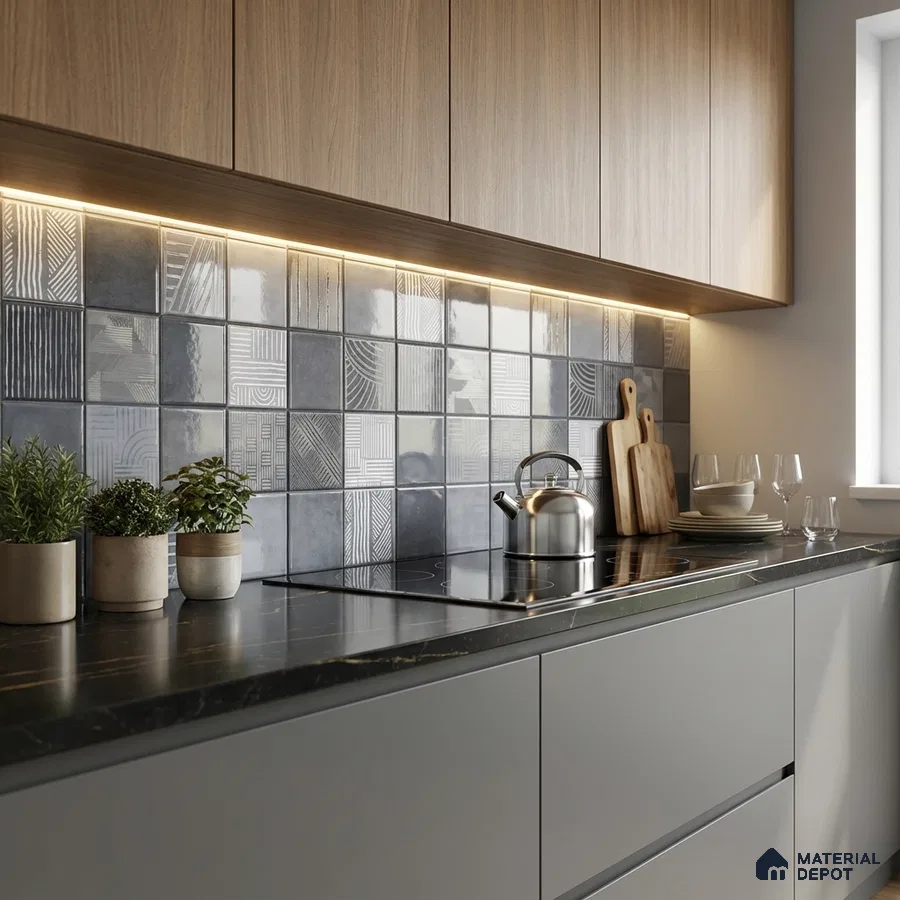 Modern kitchen with grey patterned backsplash tiles, black marble countertop, and light oak laminate cabinets