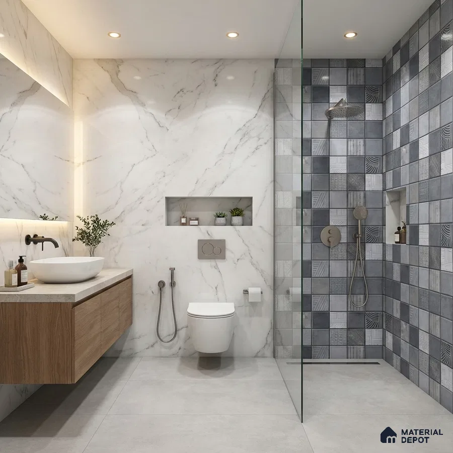 Modern bathroom with white marble wall tiles, grey geometric shower tiles, and floating wood vanity