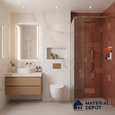 Modern bathroom with terracotta wall tiles, white marble-look wall tiles, and floating wood vanity