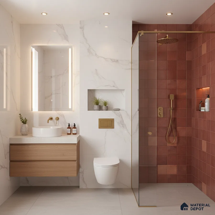 Modern bathroom with terracotta wall tiles, white marble-look wall tiles, and floating wood vanity