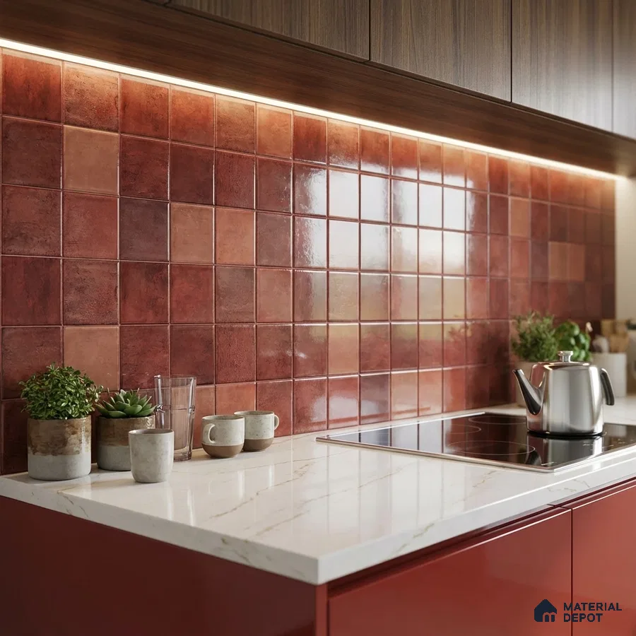 Modern kitchen with terracotta square backsplash tiles, white marble-look quartz countertop, and walnut laminate cabinets