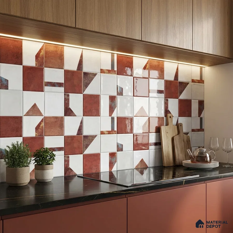 Modern kitchen with terracotta geometric backsplash tiles and matte black countertop