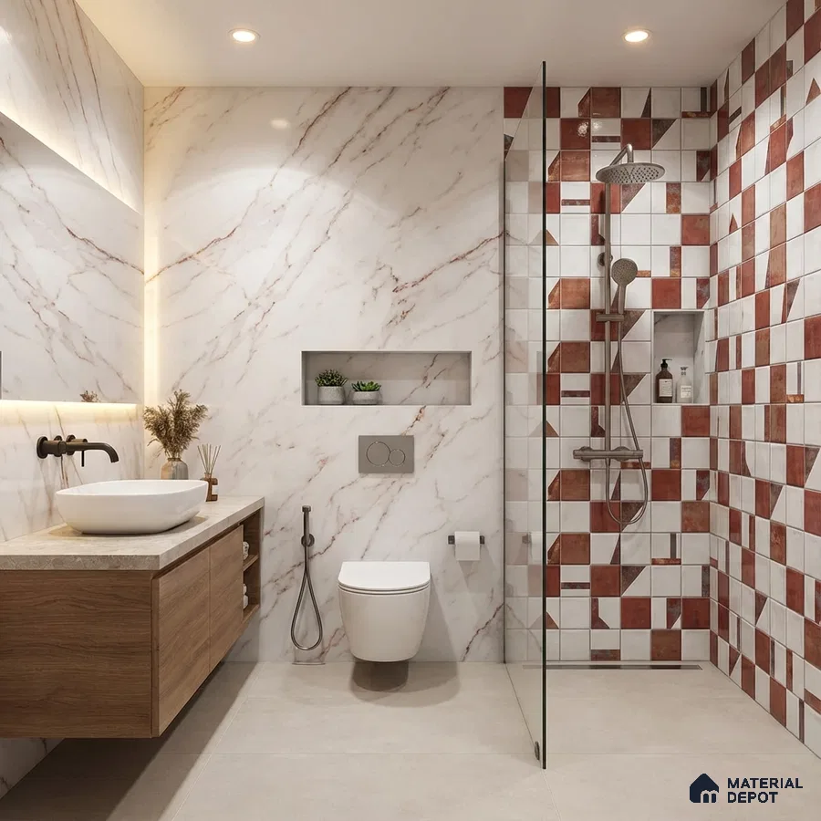Modern bathroom with marble-look wall tiles, terracotta geometric shower tiles, and floating wood vanity
