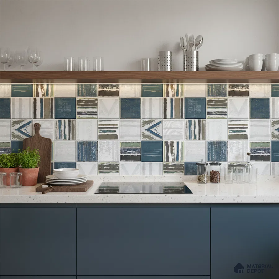 Modern kitchen with blue patterned backsplash tiles, navy blue laminate cabinets, and white quartz countertop