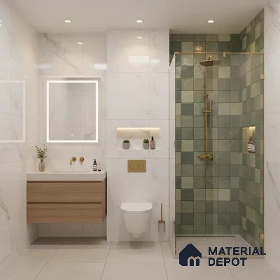 Modern bathroom with green checkerboard wall tiles, white marble-look wall tiles, and floating wood vanity